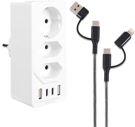 ZOVCAL Dreifachstecker für Steckdose, USB C Steckdosenleiste, Steckdosenadapter, 3 Wege mit 4 USB, 2 USB A, 2 USB C, Netzstecker, Mehrfachstecker für USB C Buchse und Adapter