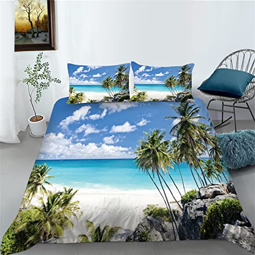 Timiany Hawaiian Holiday Decor Bettwäsche Set 135x200 cm Microfaser Sandstrand Tropische Palme Bettbezug+Kissenbezüge 80x80 cm