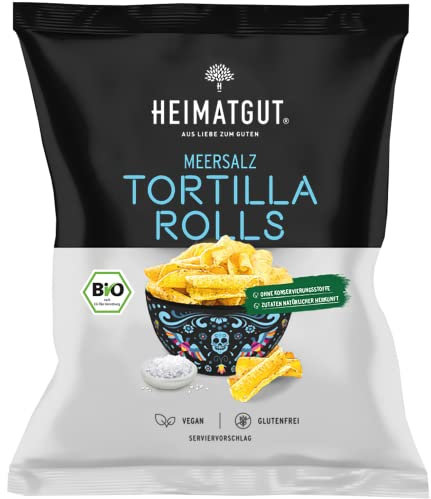 HEIMATGUT® Bio Tortilla Rolls Meersalz – vegane, knusprige Maischips dezent mit Meersalz gewürzt, Tortilla Chips perfekt zum Dippen (12 x 125 g)