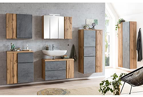 Lomadox Badezimmer Komplett Set in Wotan Eiche Nb. mit grau, LED Beleuchtung, stehend oder hängend,