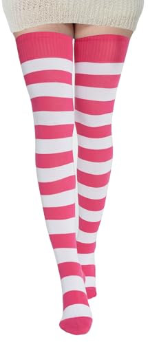 BABAHU Chaussettes montantes extra longues en coton à rayures pour femme, Fuchsia/blanc, Taille unique