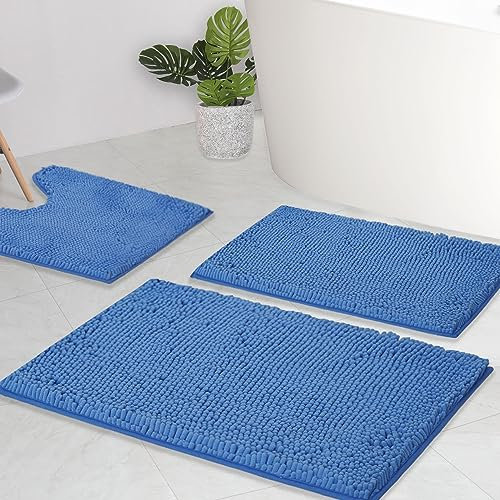 AINAHYVA Badezimmerteppiche, Chenille-Badematte, 3-teiliges Set, super saugfähig, starke PVC-Unterseite, Badematten für Badezimmer, Plüsch, zottelig, dick, maschinenwaschbar, Badewanne, WC, Dunkelblau