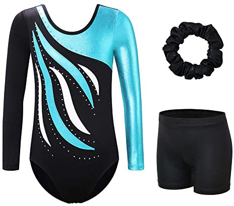 XFGIRLS Leotards for Girls Long Sleeve Sparkle Gymnastics Leotards Shiny Athletic Ballet Dance Shorts 183_BlackBlue_12A