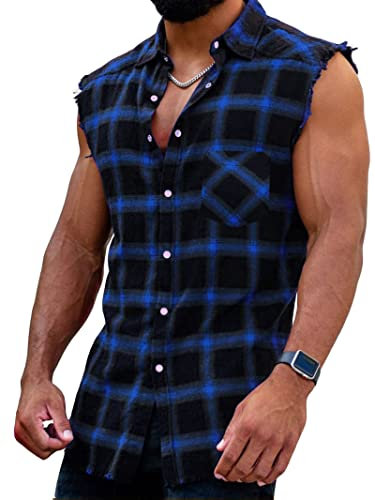Chemise à carreaux pour homme, sans manches/manches longues, à carreaux, coupe droite, en flanelle, en coton, t-shirt de loisirs, avec poches, A : bleu, XL