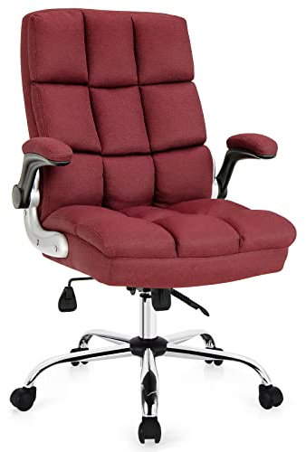 COSTWAY Executive Office Chair, Ergonomic High Back Swivel Computer Desk Chairs with Flip-up Armrests, Linen Padded Height Adjustable Rolling Manager Task Chair for Home Office (Red)