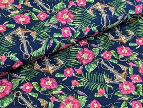 Baumwolljersey Fernweh Anker Blumen Nachtblau Stoff Meterware Kleiderstoff