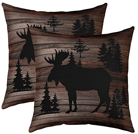Cute Hirsch Kissenbezüge 40x40cm 2er Set Kissenbezüge Weich für Mädchen Jungen Kinder Hirschjagd Sofakissen Couchkissen Botanischer Baum Holz KornKissenbezug Kissenhülle Braun Schwarz Dekokissens