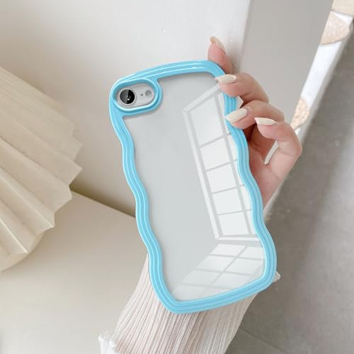 UEEBAI Case for iPhone 7/iPhone 8, Clear Case Cute Curvy Aesthetic Wave Wavy Frame Slim Fit Shockproof Phone Bumper Cover Translucent Soft Pretty Protective TPU Case for girls women - Sierra Blue