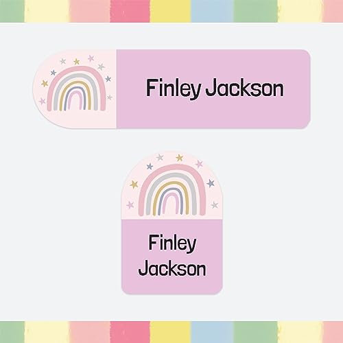 100 x Personalised Stick-On Waterproof Name Labels Pack of 2 Sizes for Clothes, Water Bottles, School Uniform, Equipment - Boho Rainbow (SFP)