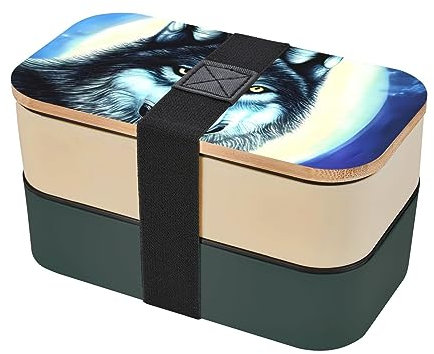 Wolf Under Moon Erwachsene Lunchbox Bento Box mit Besteck 3er Set 2 Fächer Rechteckig Lunchbox für Erwachsene