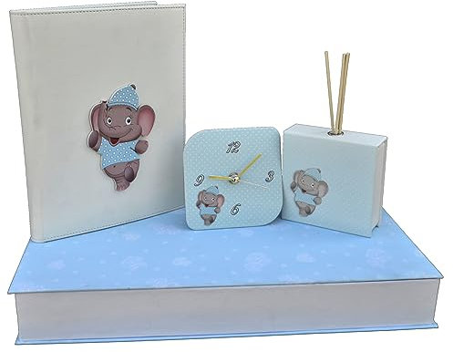 oggettando Willkommen in der Welt: Geschenkset mit Elefanten-Motiv mit Tagebuch, Tischuhr und Duftstäbchen für Neugeborene (Hellblau)
