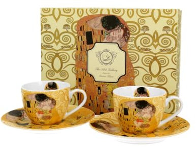 DUO ART GALLERY 2er-Set Espressotassen 90 ml THE KISS ECRU mit Untertassen, New Bone China Porzellan