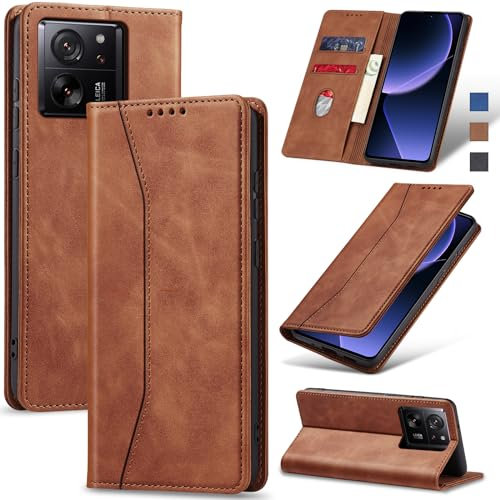 Jasonyu Coque pour Xiaomi 13T/13T Pro 5G, Housse Etui en Cuir PU Portefeuille [Antichoc] [Magnétique] [Porte Cartes] [Stand Fonction] Flip Coque (Brun)