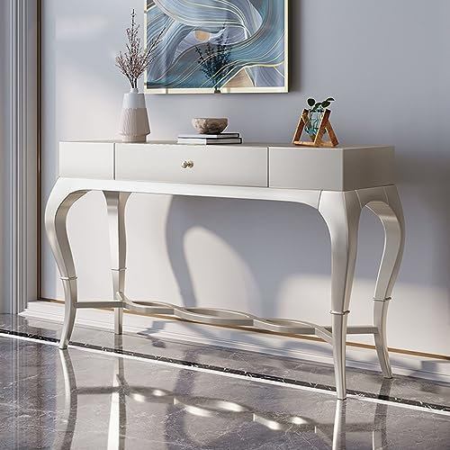 ESRADA Console Table, Console Table with Drawers and Open Storage Shelves White Solid Wood Entryway Table, Modern Sofa Table Console Tables for Entryway Living Room, 140x48x76cm