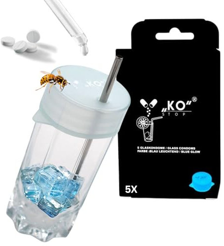 Ko Stop | Silikondeckel Getränke Schutz vor Ko Tropfen | 5er Set | Glasabdeckung leuchtend | Wiederverwendbare Abdeckung für Gläser | Garten | Camping | Festival | Party (Blau 5er Pack, 6-8 cm)