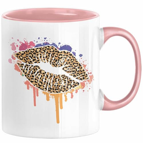 Leoparden Lippen Tasse Geschenk Cool Lips Kiss Leopardenmuster Kaffee-Tasse Geschenkidee (Rosa)