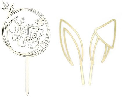 2 x Happy Easter Kuchendekoration, Hasenohren, Oster-Kuchendekoration, Frohe Ostern für goldene Hasen-Kuchenaufsätze, Osterparty, Geburtstagsparty
