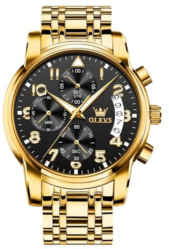 OLEVS Goldene Herrenuhr Chronograph Elegnt Edelstahl Herren Armbanduhr Schwarz Zifferblatt Groß Analog Uhren Männer Leuchtend mit Datum Wasserdicht Herrenarmbanduhr Metallarmband Geschenke für Männer