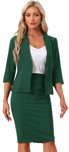 Allegra K Business Skirt Suit Set for Women's 2 Piece Office Work Outfit Collarless Blazer Pencil Skirt Dark Green XL