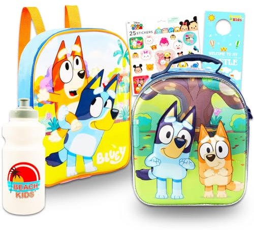 Disney Bluey - Mini mochila con lonchera – El paquete de mochila Bluey para niños pequeños incluye mochila Bluey de 11 pulgadas, bolsa de almuerzo Bluey, botella de agua, calcomanías, más | Mini