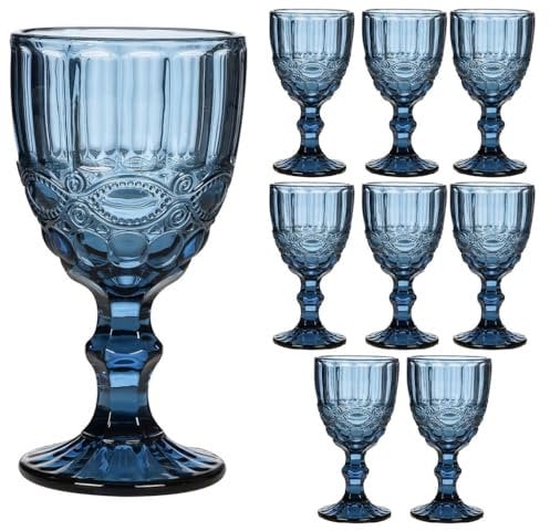 Wine Glasses Set of 8 Embossed Vintage Style Baroque Wine Goblet Glassware Set Dishwasher Safe Wine Glass Set Colourful Footed Chalice Tumblers (Blue)