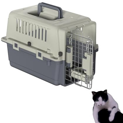 NAIZY Transportbox Katzen, 49.5x33.5x36cm Katzentransportbox Reise & Transport Flugzeugbox mit Metall Tür und Lüftungsschlitze Fenster Katzenbox Belastbar bis 5KG inkl. Pinkelpads Fressnäpfe Griff