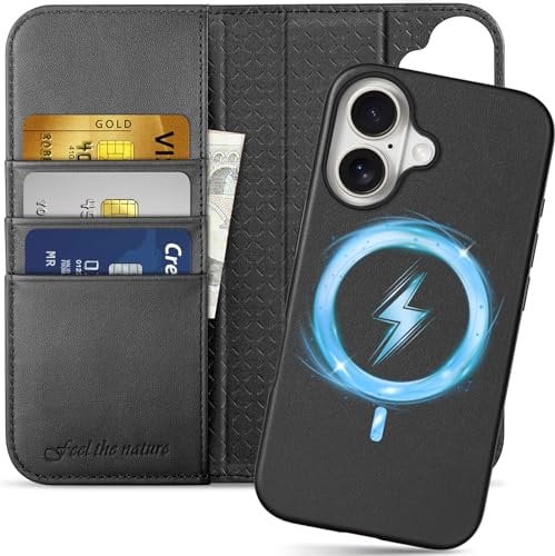 SHIELDON Hülle für iPhone 16, Echtleder Handyhülle [Abnehmbar] [kabelloses Laden] [Kartenfach] [Ständer] [RFID Blocker] Stoßfeste 2 IN 1 Klapphülle Kompatibel mit iPhone 16 5G 6,1 - Schwarz