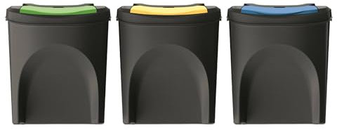 WELL HOME - Set 3 cubos de basura 100% plástico reciclado, negro, 3x 25L