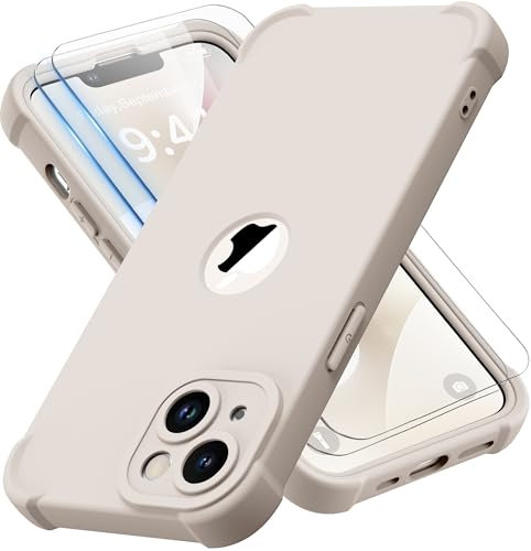 ORETECH for iPhone 14 Case 6.1 inch, with [2 Pack Screen Protector] [Camera Lens Guard] [15FT Military Grade Drop Test] 360° Shockproof Slim Fit Design Rubber Bumper Phone Cover - Stone White