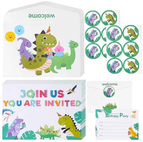 volumoon 12 Stück Einladungskarten zum Geburtstag, Aquarell-Dinosaurier-Partyeinladungen, Dinosaurier-Partyeinladungen, Dino Einladungskarten Kindergeburtstag für Jungen, Mädchen (B)