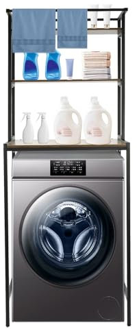 RjcdOPL Scaffale portaoggetti per lavatrice a 3 livelli, mobile portaoggetti sopra la lavatrice, risparmio di spazio, ideale per bagno, lavanderie, balconi (nero+rovere)