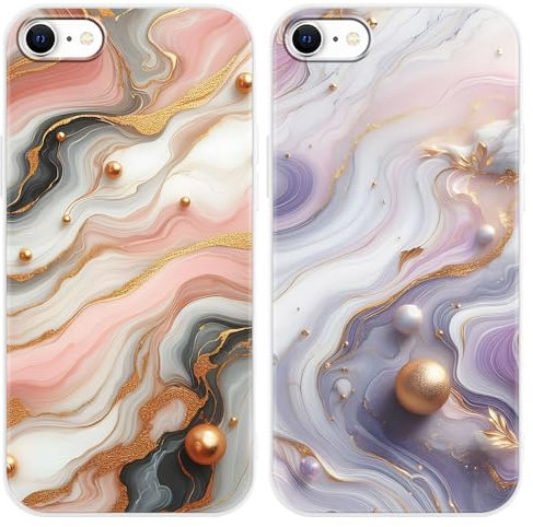 Phoona 2 Packs Marble Pattern Phone Case for iPhone 7/8 / SE 2020 / SE 2022 4,7, Cute Aesthetic Design Print Funda with TPU Slim Liquid Silicone Shockproof Protection Cover for Women Girls