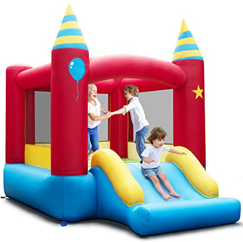 COSTWAY Kids Bouncy Castle, Inflatable Bounce House with Slide and Carry Bag, Children Blow Up Jumper for Indoor Outdoor (without blower)