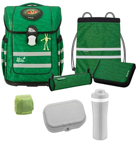 Familando Dinosaurier Schulranzen Set für Jungen 1.-4. Klasse, McNeill Ergo Complete Schultasche, Ergonomisch, Leicht 1.150 Gramm, Geräumig 20 L Volumen, Nachhaltig (8-teilig mit Lunch-Set)