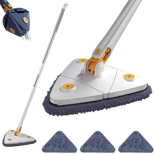 Upattend - Mocio triangolare, girevole a 360°, regolabile, con manico lungo allungabile, strizzatura automatica per pareti, soffitti e angoli (bianco)