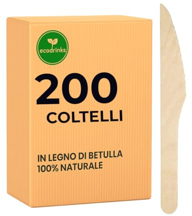 ecodrinks - 200 Coltelli in Legno di Betulla - Biodegradabili e Compostabili - Design Rustico e Resistente - Per Feste, Eventi, Catering, Ristorazione, Uso Domestico - 16,5cm
