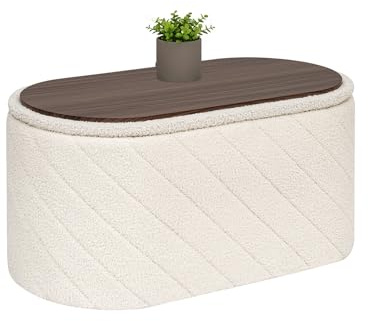 Bonlife Ovale Ottomanbank mit Stauraum, Klappbare Fußbank mit Deckel, Boucle Bank für Fußende des Bettes, Hocker für Wohnzimmer, Schlafzimmer, Eingangsbereich, Creme, 76x38x38cm