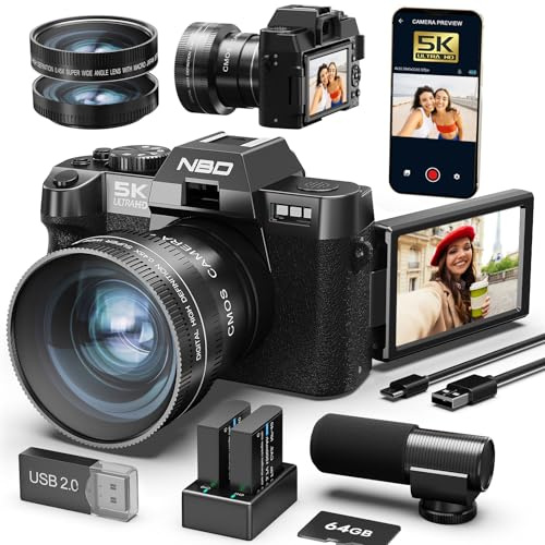 NBD 5K Digitalkamera 64MP mit Autofokus & 16X Zoom, 3 180° klappbarem Display, WiFi – Inkl. Weitwinkel/Makro-Linse + Mikrofon + 64GB Karte + 2 Akkus (Schwarz)