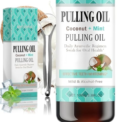Coconut Oil Pulling Mouthwash for Teeth & Gums - Alcohol-Free, Mint Flavor with Tongue Scraper, Promotes Fresh Breath, Whiter Teeth & Healthier Gums
