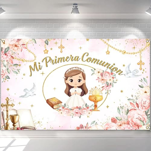 Avezano Mi Primera Kommunion-Hintergrund, Banner, Taufe, Gott Segen, Rosa, Blumenmuster, Taufe, Party, Banner, Dekorationen, Mi Bautizo Boy Babyparty, Party-Hintergrund, Zubehör, 180 x 100 cm (Rosa)