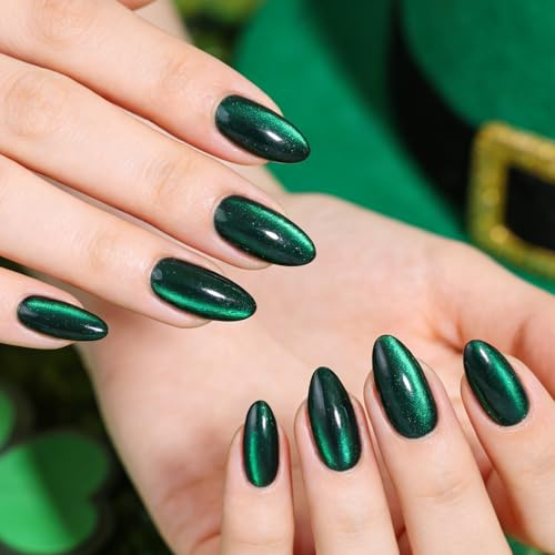 24Pcs Shimmer Dark Green Cat Eye Press On Nails, Medium Almond Glue On Nails with Star Design for Women’s Party, Holiday & Daily Wear (3D Stereo Style) (Cat Eye Emerald)