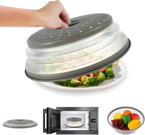Microwave Cover for Food, 27cm Reusable and Foldable Splatter Guard Plate Cover, Splatter-Proof Microwave Covers with Grip Handle for Reheating Ready Meals, Vegetables(Grey)