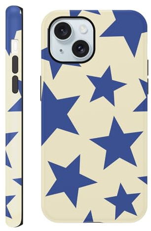Tivkofk Cute Print Case for iPhone 15 6.1, Preppy Girly Aesthetic Dsign Star Pattern for Girl Women, Shockproof Slim Soft TPU and Hard PC Frosted Double Protective Cover, Blue