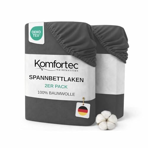 Komfortec Spannbettlaken Jersey 2er Set 100% Baumwolle – 180x200 cm – Weich, Atmungsaktiv & Hautfreundlich – Mit Rundumgummi – Oeko-Tex Zertifiziert – Für Boxspring, Topper & Matratzen – Dunkelgrau