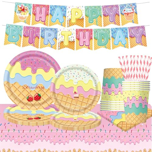 AKONE Partygeschirr Set Geburtstag Deko, Kindergeburtstag Geschirr Party Dekoration, Party Geschirr Set mit Pappteller Servietten Pappbecher Strohhalme Banner Tischdecke für Junge Mädchen (Eiscreme)