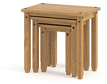 Corona Set of 3 Nesting Tables, Solid Pine Wood, Antique Wax Finish, Thick 2.5cm Table Tops, Nest of Side Tables, Sturdy & Practical Stacking Tables for Living Room, Bedroom, Home & Office