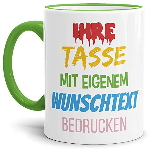Tasse selbst gestalten/mit eigenem Text beschriften/Wunsch-Name/Spruch-Tasse/Rand & Henkel Hellgrün/Mittig gegenüber vom Henkel bedruckt