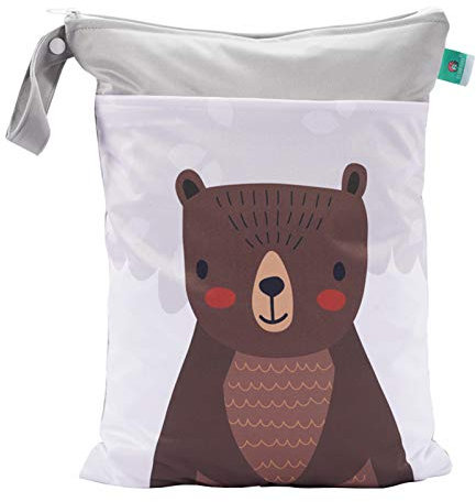 Happy Cherry Windelbeutel Wasserdicht Wetbag Nasstasche für Stoffwindeln Reißverschluss Nass und Trocken Windel Beutel Unterwegs Kindergarten Grau Braunbär