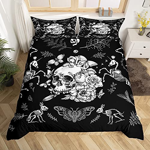 Skull Bettbezug für Jungen, Halloween, Moth, Skelett, Bettwäsche, 200 x 200 cm, sehr weich, personalisiert, Gothic, Knochen, Bettwäsche, Einhorn, Pferd, Totenkopf, Dekoration