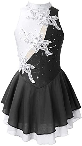 iEFiEL Mädchen Eiskunstlauf Kleid Glitzer Ballettkleid Ärmellos Ballettanzug Ballett Trikot Body mit Strass Wettbewerb Kostüm Gymnastikanzug Za Schwarz + Weiß 146-152